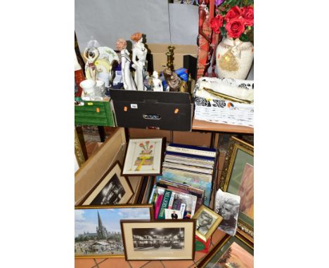 FOUR BOXES AND LOOSE CERAMICS, METALWARES, BOOKS, RECORDS AND PICTURES, ETC, including a Poole 'Lillie', a Manor limited edit