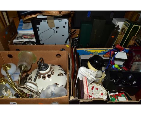 SIX BOXES AND LOOSE METAL WARES, LIGHT FITTINGS, ELECTRICAL ITEMS, HANDBAGS AND SUNDRY ITEMS, to include four wall mountable 