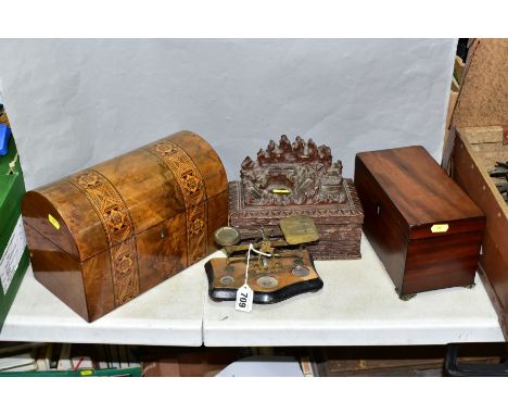 WOODEN BOXES AND POSTAL SCALES, COMPRISING A VICTORIAN WALNUT AND TUNBRIDGE TEA CADDY, domed top, lacking interior fittings, 