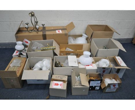 A LARGE QUANTITY OF LIGHTING, to include various wall lights, ceiling lights, standard lamp, etc, with glass shades, unknown 