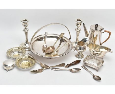 A SELECTION OF SILVER AND WHITE METAL ITEMS, to include a silver gravy boat, plain polished design with a wavy rim, scroll ha