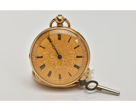 A LADYS MID-VICTORIAN, 18CT GOLD OPEN FACE POCKET WATCH, round gold floral detailed dial, Roman numerals, Breguet hands, with