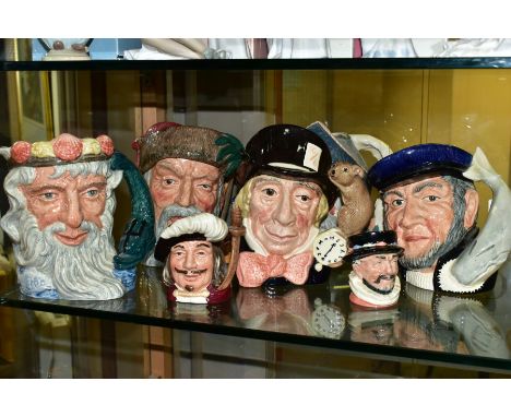 A COLLECTION OF EIGHT ROYAL DOULTON CHARACTER JUGS, comprising 'Capt. Ahab' D6500, 'Don Quixote' D6455, 'Mad Hatter' D6598, '