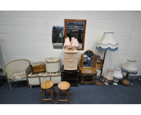 A SELECTION OF OCCASIONAL FURNITURE, to include an oak nest of three tables, a pine triple mirror, modern wall clock, two wal