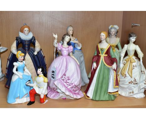 SIX FIGURINES COMPRISING ROYAL WORCESTER 'CHARITY' AND 'FLIRTATION' (HEAD RESTORED), Franklin Porcelain Isabella of Spain, Ma