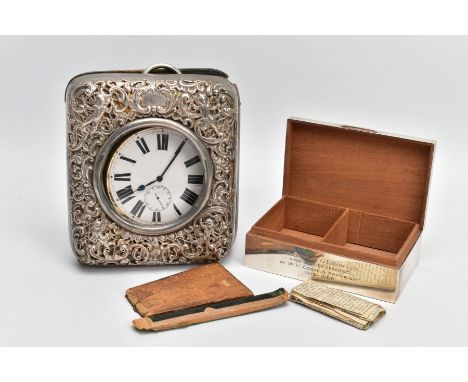 A SILVER LINED CIGARETTE BOX AND A GOLIATH POCKET WATCH WITH SILVER CASE, the cigarette box of a plain polished design, engra