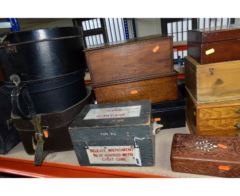 A GROUP OF WOODEN BOXES AND LEATHER CASES ETC, to include a World War Two P12 aeronautical compass box, with packing instruct