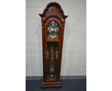 A MAHOGANY EFFECT LONGCASE CLOCK, with brassed arched dial, with two faux weights and pendulum, width 52cm x depth 29cm x hei