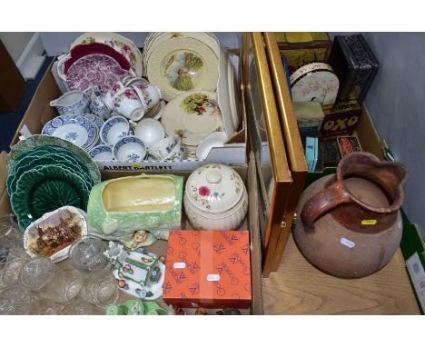 THREE BOXES AND LOOSE CERAMICS, GLASS WARES, TINS AND PICTURES, to include cut crystal by Stuart and Bohemia Crystal, three H