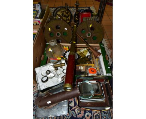 TWO BOXES AND LOOSE METALWARES, SUNDRIES ETC, to include a brass and mahogany telescope by Wellington, Crown Court, Soho, Lon