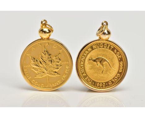 TWO MOUNTED COINS, the first an Elizabeth II 5 Dollars 1990 Canada fine gold 1/10 oz Or Pur 9999 coin, the second an Elizabet