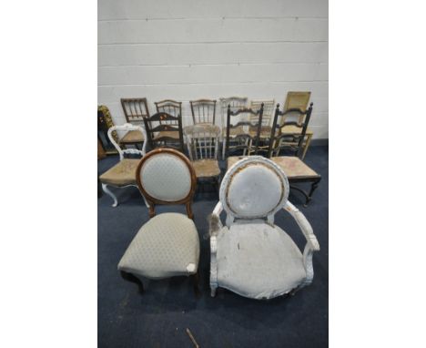 THIRTEEN VARIOUS CHAIRS of various ages and styles, to include a painted Louis xvi style open armchair, four various Chippend