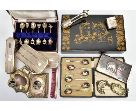 A SELECTION OF SILVER AND WHITE METAL ITEMS, to include a cased set of six silver art deco style teaspoons with green guilloc