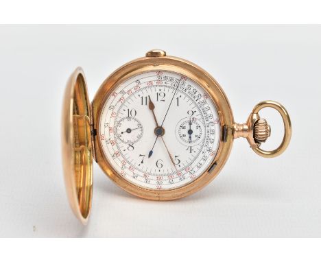 A FULL HUNTER TWIN DIAL CHRONOGRAPH POCKET WATCH, the dial sits 90 degrees anti-clockwise, rubbed engine turned design to the