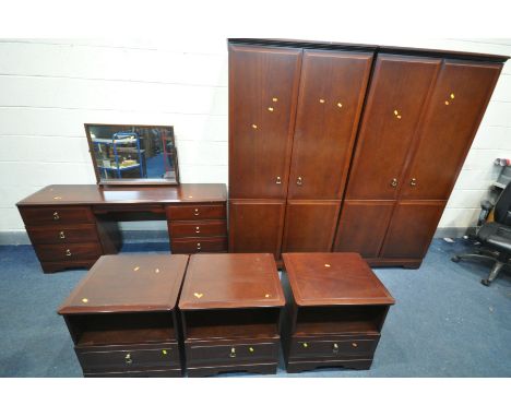 A MODERN MAHOGANY SIX PIECE BEDROOM SUITE comprising two double door wardrobes, width 94cm x depth 58cm x height 179cm, dress