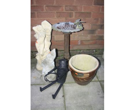 A METAL CIRCULAR BIRD BATH, diameter 35cm x height 57cm, a composite statue of a semi clad women, glazed circular planter, gn