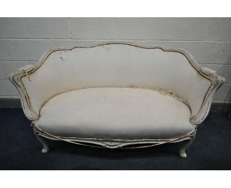 A LOUIS XV STYLE PAINTED SOFA, with an arched back and scrolled legs, length 138cm (condition:-ideal for restoration, frame s