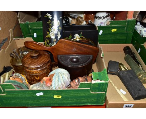 THREE BOXES OF CERAMICS, GLASSWARES, TREEN AND SUNDRY VINTAGE ITEMS, to include a bone carved letter opener, a brass telescop