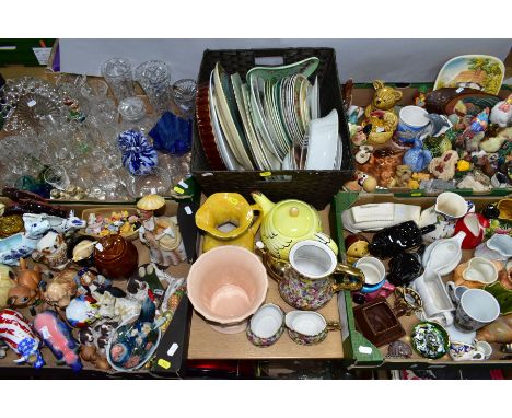 SEVEN BOXES AND LOOSE CERAMICS AND GLASSWARES, to include a Caithness paperweight marked CIIC to base, a smaller Alum Bay Gla