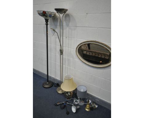 A TIFFANY STYLE STANDARD LAMP, with an upward facing shade, height 178cm, a 'Dar lighting' glass table lamp, two other table 
