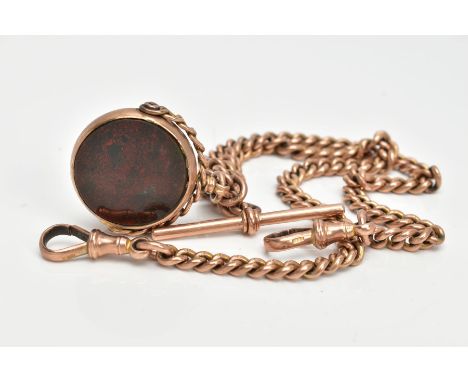 A 9CT ROSE GOLD SWIVEL FOB PENDANT AND ALBERT CHAIN, the fob of a circular form set with a bloodstone panel (missing another 