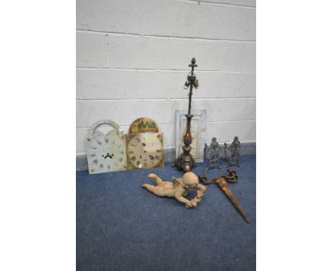 A COLLECTION OF MISCELLANEOUS, to include two longcase clock dial faces, a tall brass table lamp, a pair of metal andirons, c