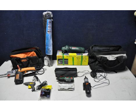 A COLLECTION OF POWERTOOLS to include an Evolution precision file sander, Bosch PWS-600 angle grinder, Black and Decker recha