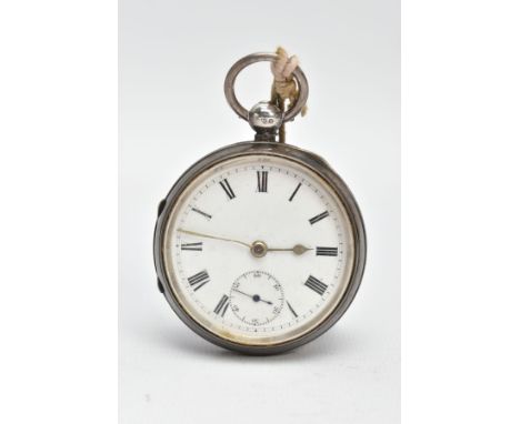 A SILVER OPEN FACE POCKET WATCH, round white dial, Roman numerals, seconds subsidiary dial at the six o'clock position, silve