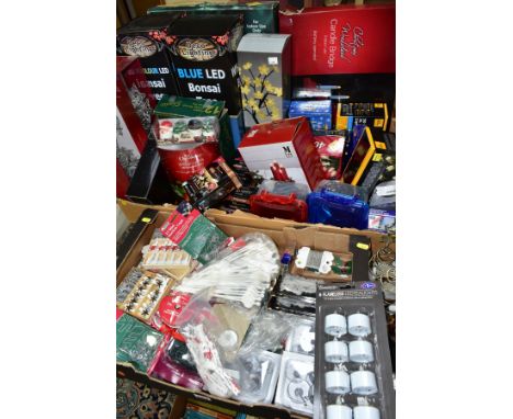 TWO BOXES OF CHRISTMAS LIGHTS, CARD HOLDERS, SUCTION CUPS, CANDLES, VARIOUS OTHER LED ITEMS ETC, to include LED Bonsai Trees,