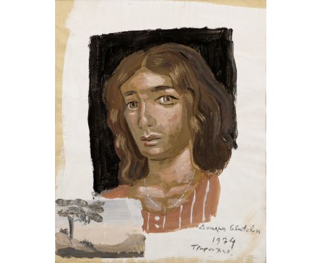 Yiannis Tsarouchis (Greek, 1910-1989)Portrait of Dominique with small landscape signed in Greek and dated '1974' (lower right