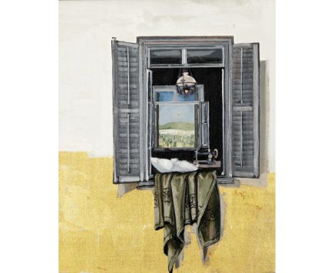 Spyros Vassiliou (Greek, 1902-1985)Window with a view  signed in Greek and dated '76' (lower right)oil and gold leaf on canva