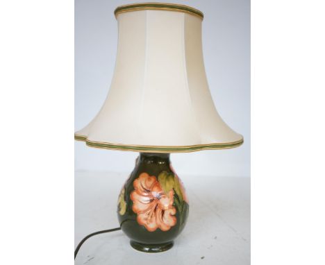 Moorcroft hibiscus pattern lamp with Moorcroft shade & 1 extra original Moorcroft shade. Lamp Height 20 cm -(Ceramic only)