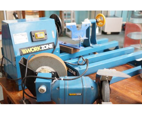 Work zone wood lathe together with a work zone grinder 