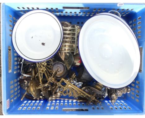 Mixed Collection of Metalware including Brass Hinged Piano Sconces, Enamel Painted Cookware etc. (1 Tray)