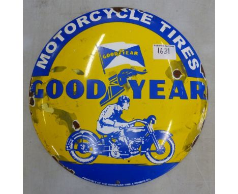 Round convex enamel advertising sign "Goodyear Motorcycle Tires" Diameter 30cm.