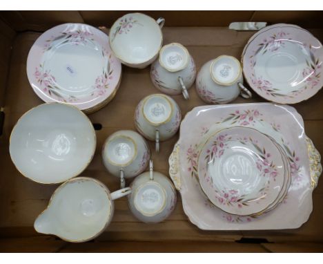 21 piece Foley 'Evesham' pattern pink and floral tea set (1 tray).
