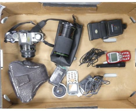 Collection of camera equipment to include Canon AE-1 35mm SLR Film Camera with FD 50mm Lens, Hanimex 80-200mm automatic zoom 