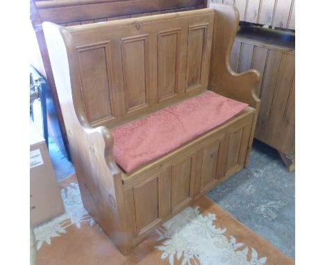 Pine Ecclesiastical Church Pew with seat cushion. Lifting lid with internal storage. H90cm x W92cm