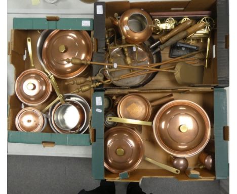 A Collection of Metalware comprising mostly Copper and Brass Cookware, Fire Furniture, Flat Iron etc. (3 Trays)