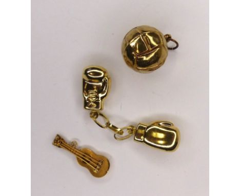 9ct gold charms, pair of Boxing gloves, guitar and football, 3.1g.