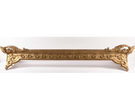 A set of three giltwood pelmets, 19th centuryWith moulded cavetto cornices above friezes applied with scrolling foliage and f