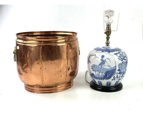 CRAFTSMAN; a copper planter, height 31cm, with a Chinese blue and white lamp (2).