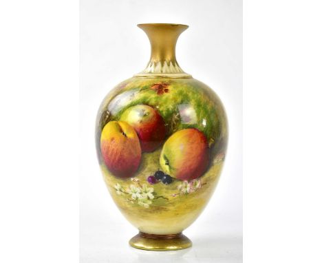 RICKETTS FOR ROYAL WORCESTER; a bulbous vase with flared neck, painted with fruit, signed, height 17cm (restored).