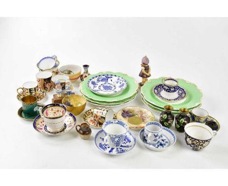 ROYAL WORCESTER; a hand painted tea cup and saucer by Rickett (saucer af), a Goebel Hummel figure, various 19th century desse