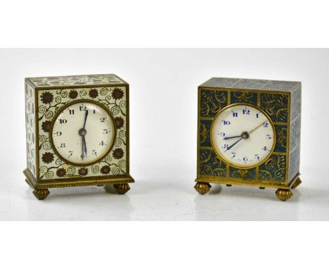 ZENITH; two miniature travelling alarm clocks with cloisonné cases, each with floral decoration and enamel dial set with Arab