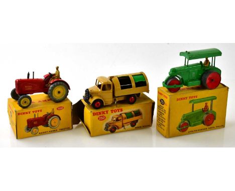 DINKY TOYS; three boxed model vehicles, 251 Averling-Barford Diesel Roller, 252 Refuge Wagon and 300 Massey-Harris Tractor (3
