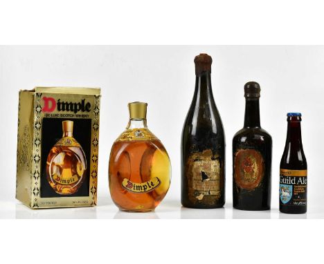 WHISKY; a bottle of Haig Dimple Scotch whisky, together with a bottle of Thwait's Guild Ale, a bottle of King's Ale and a fur
