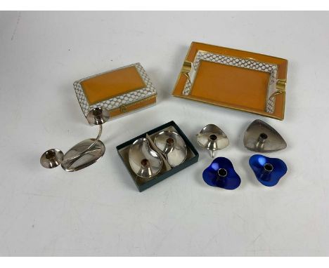 DUBARRY; a ceramic trinket box and cover with gilt chequered decoration, matching ashtray and a collection of candleholders i