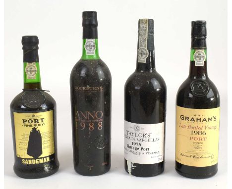 PORT; four bottles, including Graham's LBV 1986, Taylor's 1978 Vintage Port, Anno 1988, and Sandeman's Fine Ruby Port (4)