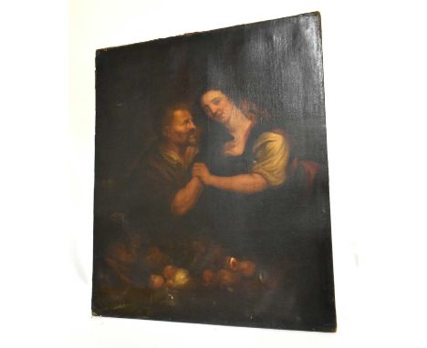 An 18th century large oil on canvas, couple holding hands, unsigned, 100 x 120cm, unframed.Condition Report: Major wear throu
